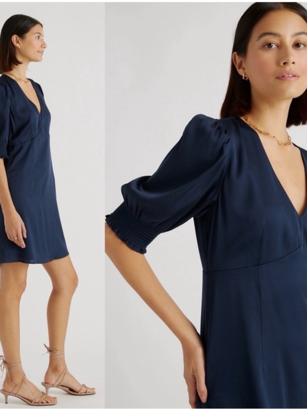 Quince Navy V-Neck Puff Sleeve Mini Dress